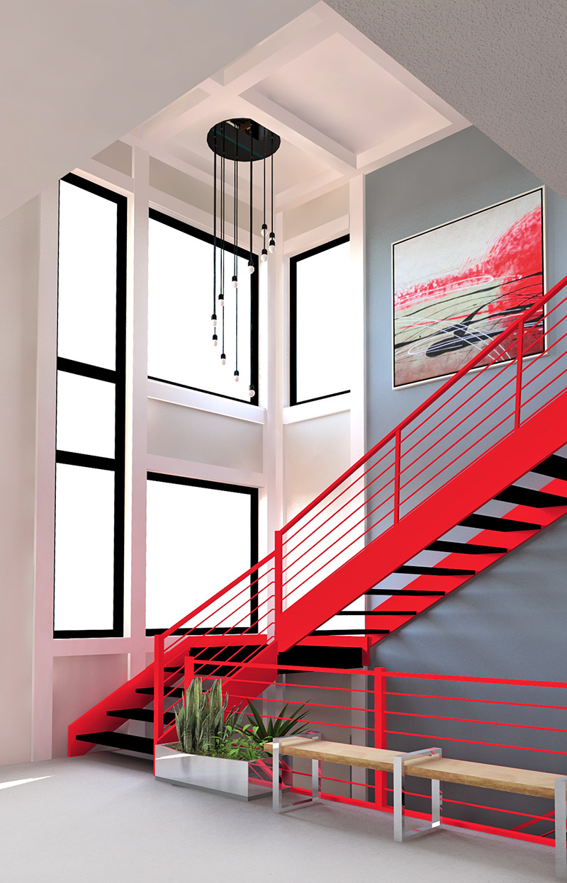 red stairway interior rendering