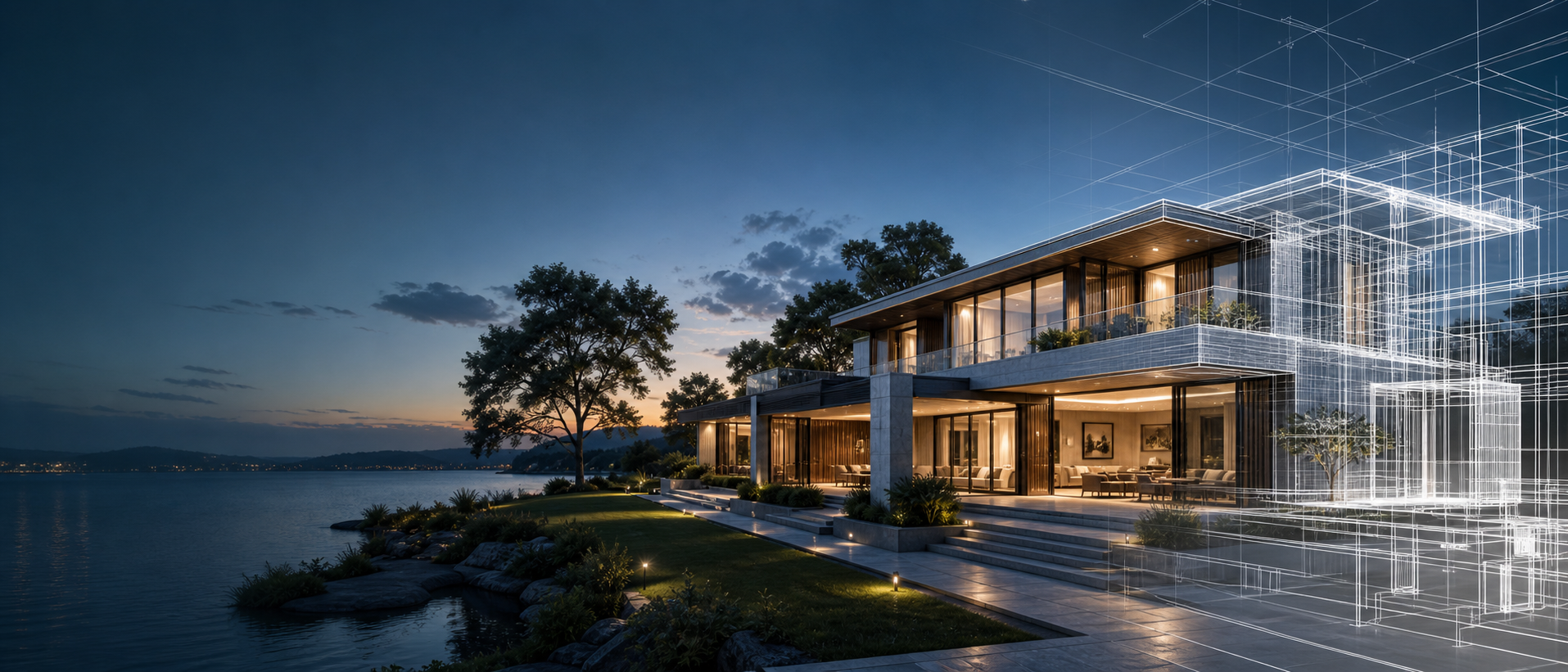 湖畔现代住宅实景效果与 BIM 线框融合的项目案例